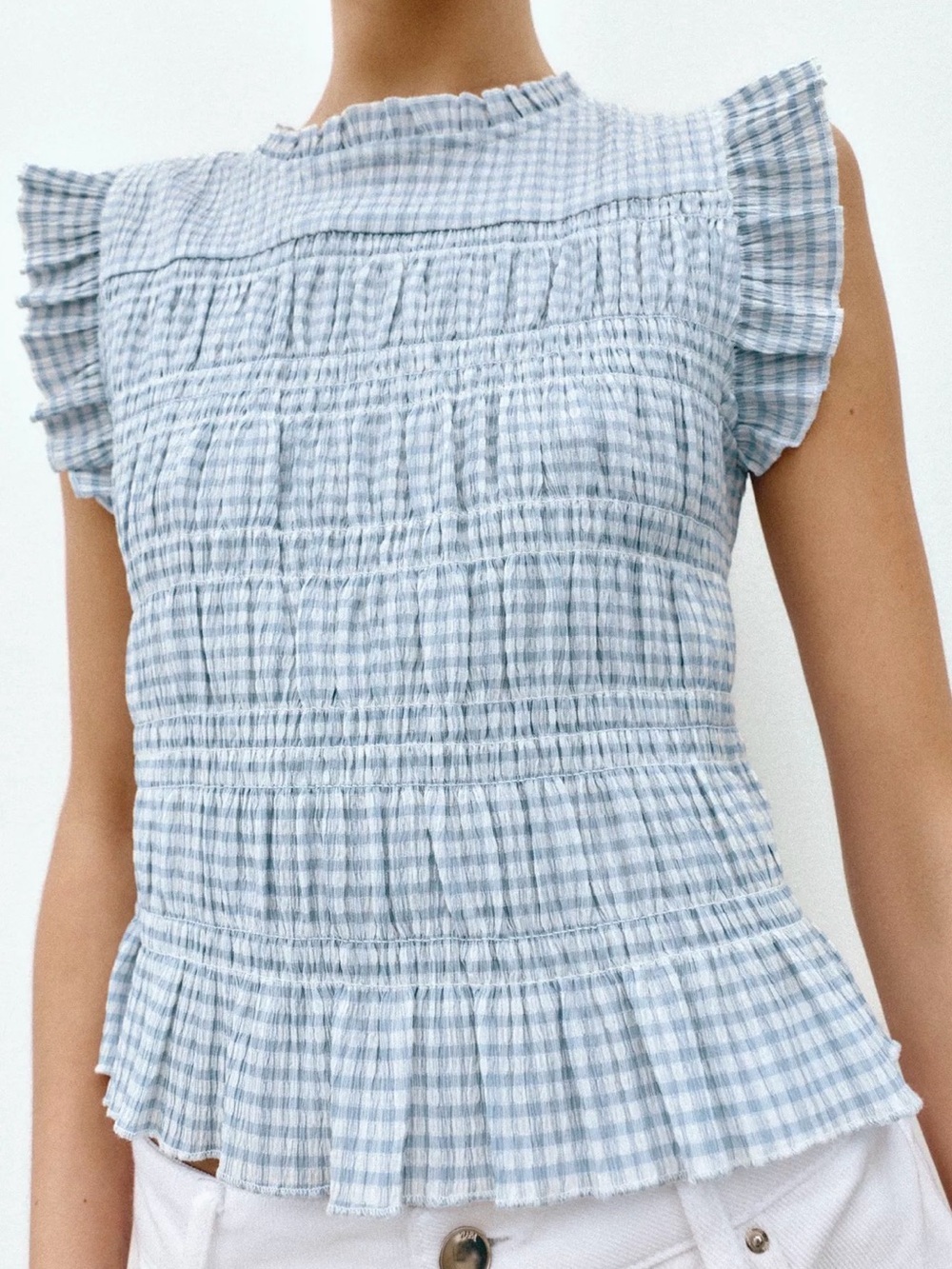 Zara Light Blue Gingham Smocked Ruffle Sleeve Top - Women